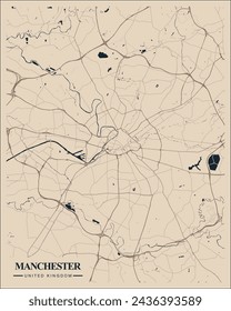 Manchester Print, City Map Art Poster, United Kingdom, Wall Art Decor, Minimalist Brown and Blue Navy Modern Style.