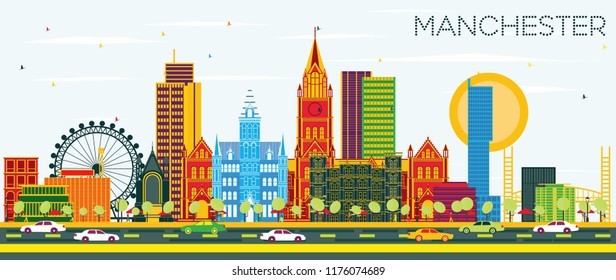 Manchester Skyline with Color Buildings and Blue Sky. Vector Illustration. Business Travel and Tourism Concept with Modern Architecture. Manchester Cityscape with Landmarks.