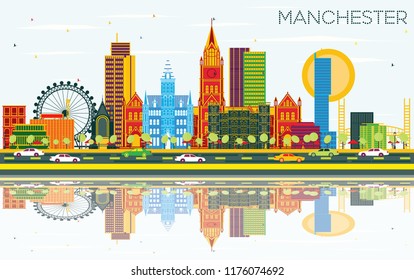 Manchester Skyline with Color Buildings, Blue Sky and Reflections. Vector Illustration. Business Travel and Tourism Concept with Modern Architecture. Manchester Cityscape with Landmarks.