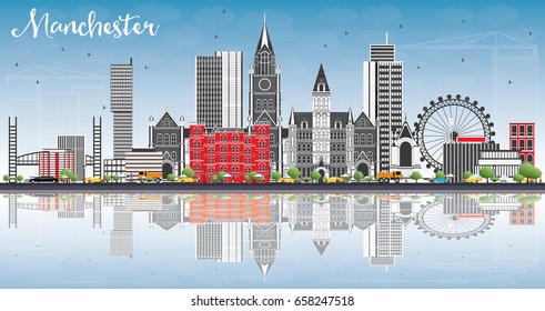 Manchester Skyline with Gray Buildings, Blue Sky and Reflections. Vector Illustration. Business Travel and Tourism Concept with Modern Architecture. Image for Presentation Banner Placard and Web Site.