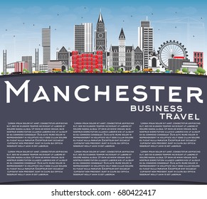 Manchester Skyline with Gray Buildings, Blue Sky and Copy Space. Vector Illustration. Business Travel and Tourism Concept with Modern Architecture. Image for Presentation Banner Placard and Web Site.