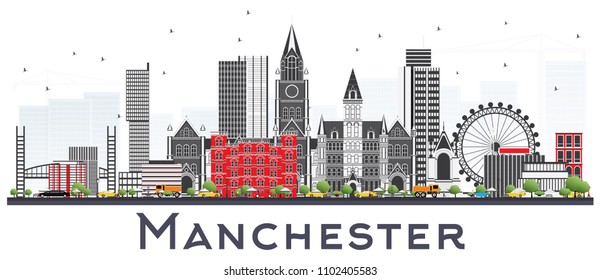 Manchester Skyline with Gray Buildings Isolated on White. Vector Illustration. Business Travel and Tourism Concept with Modern Architecture. Manchester Cityscape with Landmarks.