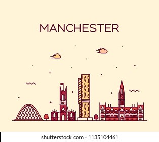 Manchester skyline, Greater Manchester, England, UK. Trendy vector illustration, linear style