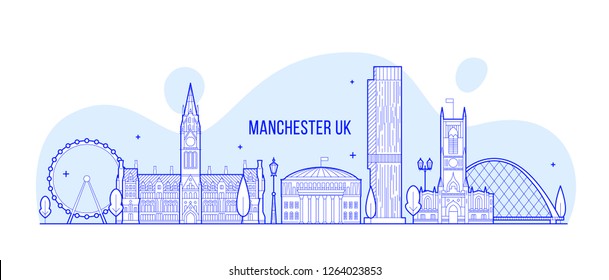 Manchester skyline, Greater Manchester, England, UK. This illustration represents the city with its most notable buildings. Vector is fully editable, every object is holistic and movable