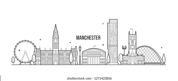 Manchester skyline, Greater Manchester, England, UK. This illustration represents the city with its most notable buildings. Vector is fully editable, every object is holistic and movable
