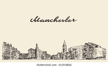 Manchester skyline, Greater Manchester, England, vintage vector illustration, hand drawn, sketch