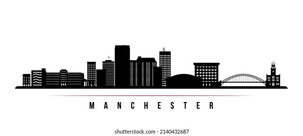 Banner horizontal del horizonte del skyline de Manchester. Silueta blanca y negra de Manchester, New Hampshire. Plantilla de vectores para su diseño. 