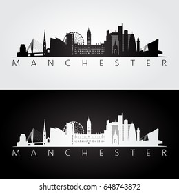 Manchester skyline and landmarks silhouette, black and white design, vector illustration. 