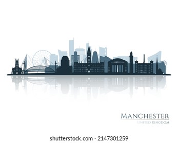 Manchester skyline silhouette with reflection. Landscape Manchester, United Kingdom. Vector illustration.