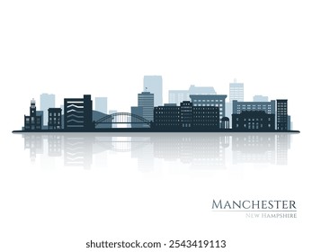 Manchester skyline silhouette with reflection. Landscape Manchester, New Hampshire. Vector illustration.