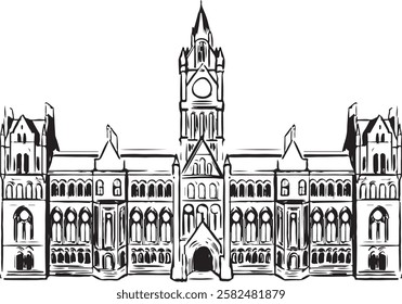 Ayuntamiento de Mánchester, Mánchester, Inglaterra sketch en blanco y negro. Icónica arquitectura neogótica con un reloj imponente y una intrincada cantería. Ilustración de Lugar famoso cívico histórico. 