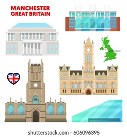 Manchester Travel Set with Architecture. Visit Great Britain. Vector illustration