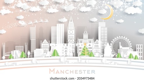 Manchester UK City Skyline in Paper Cut Style with Snowflakes, Moon and Neon Garland. Vector Illustration. Christmas and New Year Concept. Santa Claus on Sleigh. Manchester Cityscape.