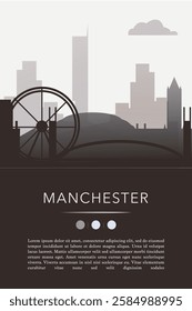 Manchester UK city template for website, presentation, front page, invitation, publication sheet with skyline, landmarks. Vector England, United Kingdom image layout, simple and grayscale