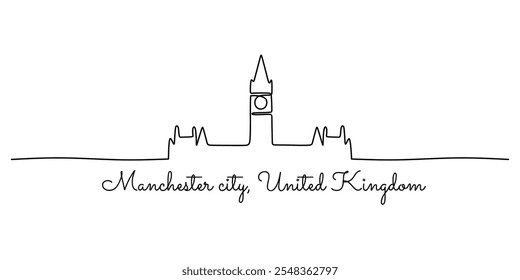 Mánchester, Reino Unido paisaje urbano mostrado en un dibujo continuo de una línea. Un Vector minimalista de los Lugares famosos de la ciudad.