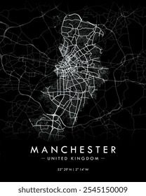 Manchester vector map in dark theme. Detailed map of Manchester in United Kingdom. Best free vector illustration. Tourist decorative street map.