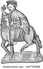 The Manciple from Chaucer's Canterbury Tales, this picture shows The Manciple riding on horse and holding vessel type material in right hand, vintage line drawing or engraving illustration