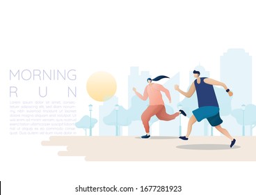 mand and woman are jogging inthe morning, running exercise activity in dawn city.
flat characters design. running campange banner for health. vector illustration background.