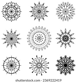 Mandal ornament vector illustration, 9 small mandals in white background. Set of decorative design elements. Coloring design template.