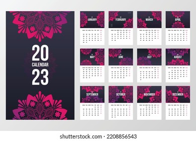 Mandala 2023 new year calendar template design. Modern colorful wall calendar design for business or personal use. Wall Calendar 2023 Design
