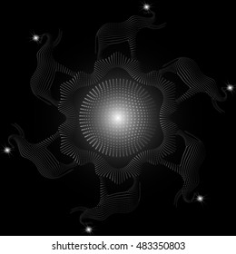Mandala 3D vector.Round pattern with decorated elephants on black background.EPS10