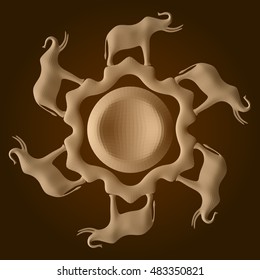 Mandala 3D vector.Round pattern with decorated elephants on brown background.EPS10