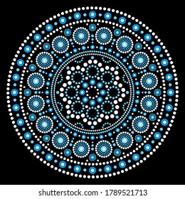 Mandala Aboriginal dot painting ethnic vector mandala design, bho Australian dot art pattern in white and blue. Indigenous decoration with dots inspired by traditional art from Australia 