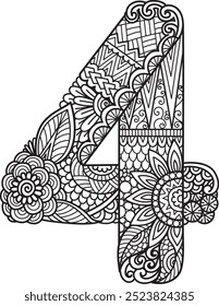 Mandala abstract artistic number four for adult coloring page or design element. Vector illustration.