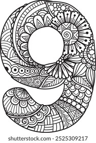 Mandala abstract artistic number nine for adult coloring page or design element. Vector illustration.