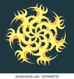 Mandala of abstract elements in yellow shades on a dark green background for decoration.