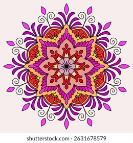  Fondo floral abstracto del mandala, Vector dibujado a mano doodle, mandala vibrante con patrones florales intrincados, diseño para la decoración, patrón oriental, Ilustración vectorial. Color brillante