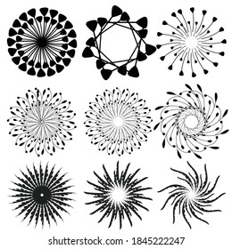 Mandala abstract geometric monochrome burst rounded circular floral shapes set collection