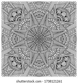 mandala with abstract linear figures and folk-style flowers drawn on a white background for coloring, vector, isolated