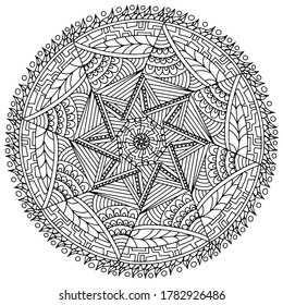 mandala con ornamentos lineales abstractos dibujados sobre un fondo blanco para colorear, vector