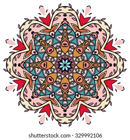 Mandala abstract round ornament, tribal ethnic arabic Indian motif, eight pointed circular floral geometric pattern. Hand drawn decorative design element. Isolated on white, vector illustration