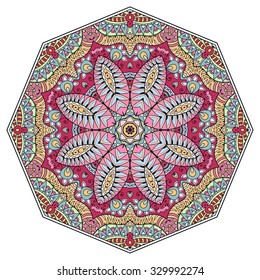 Mandala abstract round ornament, tribal ethnic arabic Indian motif, eight pointed circular floral geometric pattern. Hand drawn decorative design element. Isolated on white, vector illustration