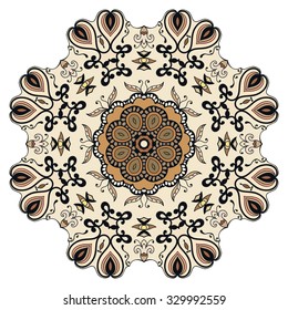 Mandala abstract round ornament, tribal ethnic arabic Indian motif, eight pointed circular floral geometric pattern. Hand drawn decorative design element. Isolated on white, vector illustration