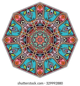 Mandala abstract round ornament, tribal ethnic arabic Indian motif, eight pointed circular floral geometric pattern. Hand drawn decorative design element. Isolated on white, vector illustration