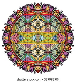 Mandala abstract round ornament, tribal ethnic arabic Indian motif, circular floral geometric pattern. Hand drawn decorative design element. Isolated on white, vector illustration