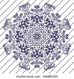 Mandala abstract vector circle floral ornamental border. Lace design pattern. ornament on blue background. Vector decorative frame. Can be used for banner web design wedding cards and others
