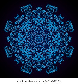 Mandala abstract vector circle floral ornamental border. Lace design pattern. ornament on blue background. Vector decorative frame. Can be used for banner web design wedding cards and others