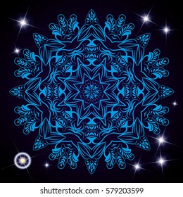 Mandala abstract vector circle floral ornamental border. Lace design pattern. ornament on blue background. Vector decorative frame. Can be used for banner web design wedding cards and others.