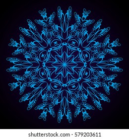 Mandala abstract vector circle floral ornamental border. Lace design pattern. ornament on blue background. Vector decorative frame. Can be used for banner web design wedding cards and others.