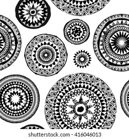 Mandala abstract vector ethnic art seamless black and white pattern