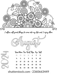 Mandala Affirmation Calendar Coloring Page for August Year 2024