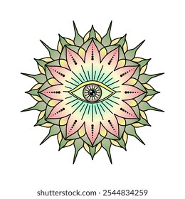 Mandala with an all seeing eye at the center on white background.