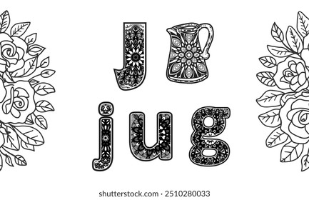 Mandala alphabet coloring page design letter J with word kids, adults, cartoon art template