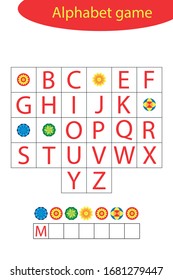 Mandala alphabet game for children, make a word, preschool worksheet activity for kids, educational spelling scramble game for the development of children, vector illustration