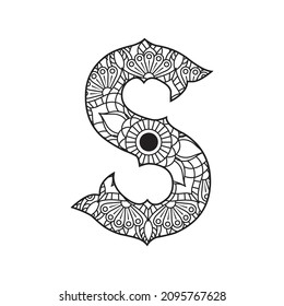 Mandala alphabet letter coloring book for adults vector illustration. Vintage decorative elements. Black and white lines.