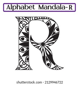 Mandala Alphabet Letter R , Adult coloring book . Vector Art Illustration